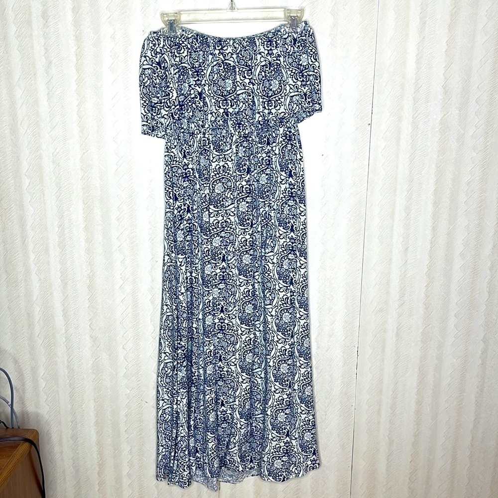 🆕 YIDARTON Strapless Maxi Dress Blue White Floral Ruffle Top Floral Size L - Picture 8 of 10